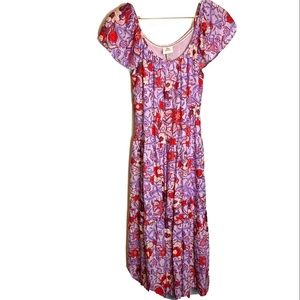 Knox Rose Floral Maxi Flutter Short Sleeve A-Line Dress Pink Purple Small Red